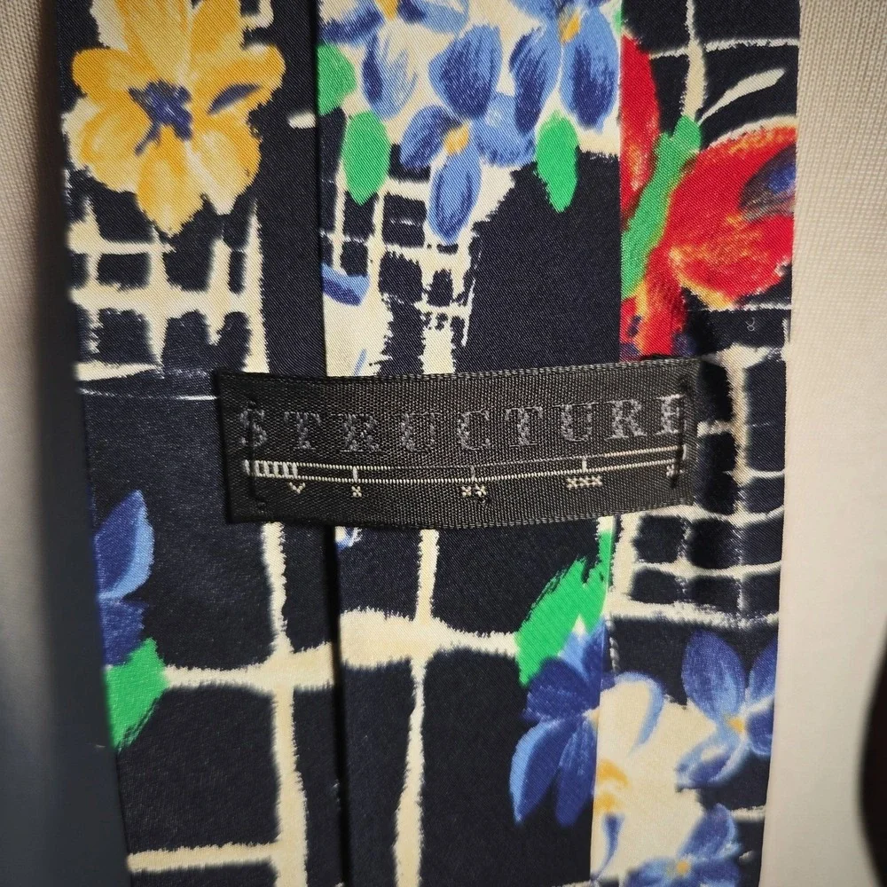 Structure Silk Tie Vintage 90s Necktie Floral Butterfly Grid Navy Blue Mens USA